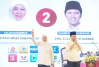 Paslon Khofifah Indar Parawansa-Emil Elestianto Dardak menyampaikan pidato usai unggul dalam quick count Pilgub Jatim 2024. (Ist).