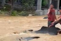 Aspal jalan di Kecamatan Parengan,Tuban yang baru selesai dikerjakan, rusak terkena banjir,(Ist).
