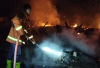 Petugas damkar berjuang memadamkan api yang melalap dua rumah warga di Desa Sumberkolak, Kecamatan Panarukan, Situbondo, Minggu (28/09/2025) malam, (Fia Rahma/Liputansatu.id).