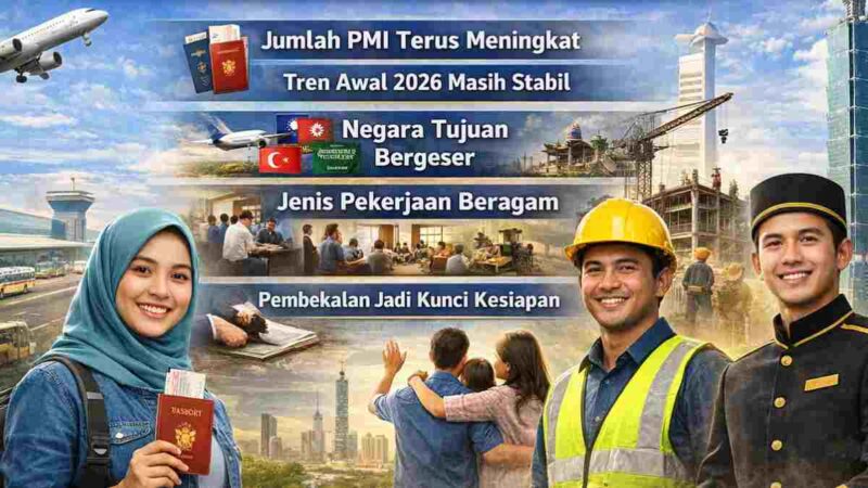 Ilustrasi pekerja migran asal Tuban bersiap berangkat ke luar negeri untuk meningkatkan kesejahteraan, dengan latar aktivitas bandara dan berbagai sektor pekerjaan seperti konstruksi dan perhotelan, (Ilustrasi/Liputansatu.id).