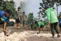 Pelajar dan pemuda Dusun Selang, Tuban, bergotong royong menambal jalan rusak secara swadaya menggunakan material seadanya, (Assayid Annazili/Liputansatu.id).