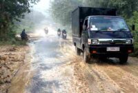 Kondisi Jalan Bancar–Jatirogo Kabupaten Tuban yang terdampak aktivitas angkutan pasir silika. Warga mengeluhkan debu saat kemarau dan jalan licin akibat ceceran pasir saat musim hujan, (Assayid Annazili/Liputansatu.id).